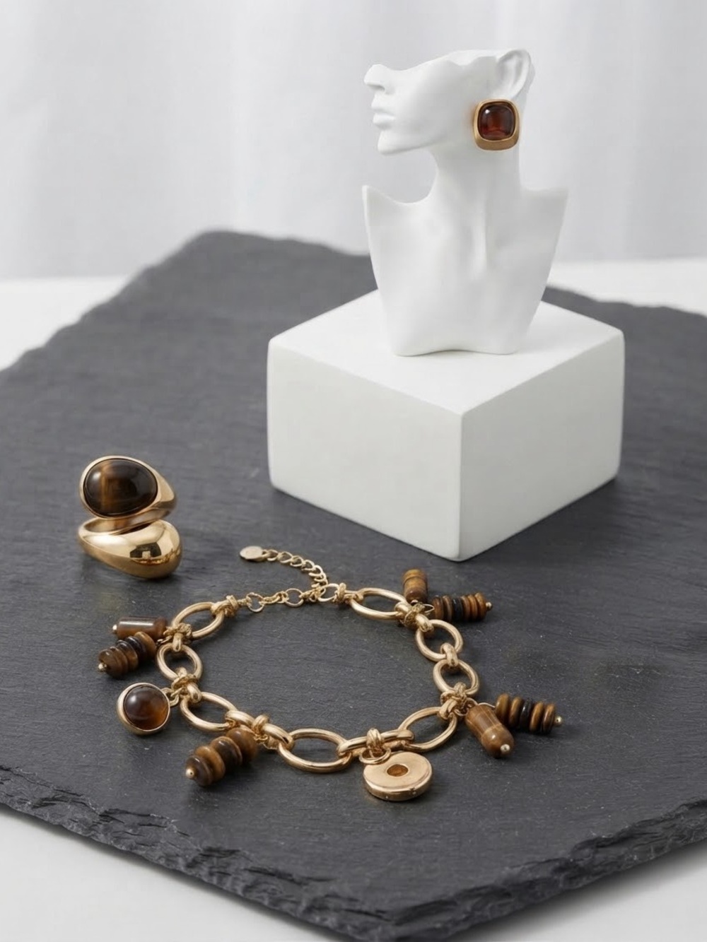 Gold-Tone Brown Stone Charm Bracelet, ring and  Earring Set